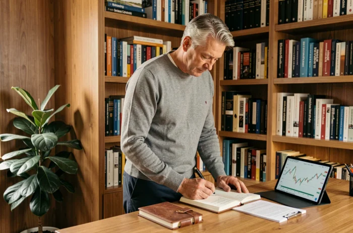 Homme mature planifiant sa stratégie d'investissement dans un bureau à domicile avec livres financiers et tablette