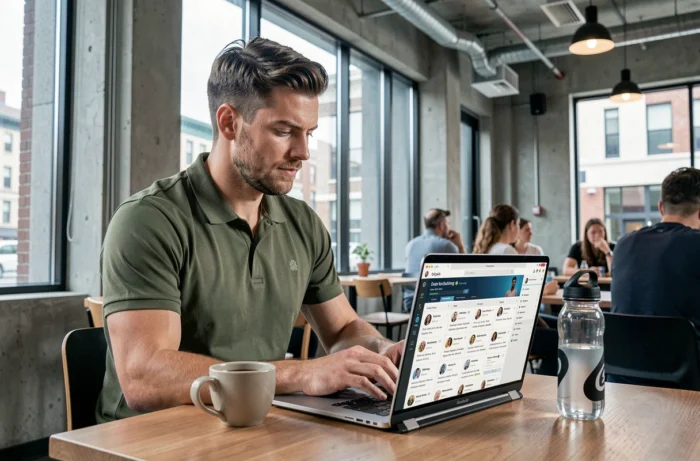 Homme consultant une plateforme de rencontres sportives en ligne sur son ordinateur portable dans un café moderne