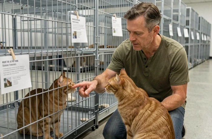 Homme interagissant avec un chat adulte roux dans un refuge animalier lors d'une visite d'adoption