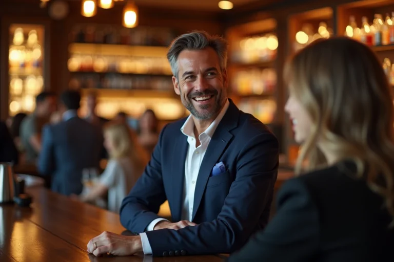 Homme séduisant et confiant dans un bar sophistiqué, illustrant les dynamiques psychologiques de séduction masculine et la quête de conquêtes féminines
