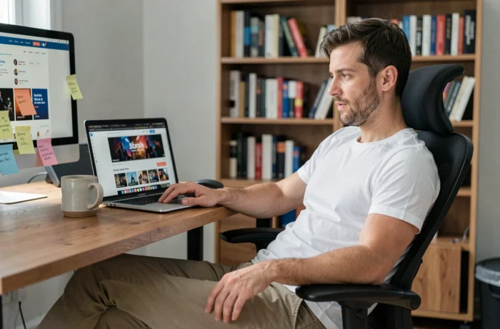 Homme utilisant son ordinateur portable pour regarder une série en streaming gratuitement sans abonnement