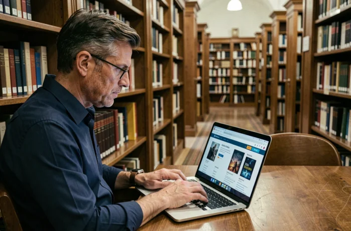 Homme téléchargeant des ebooks légalement et gratuitement sur un ordinateur portable dans une bibliothèque publique