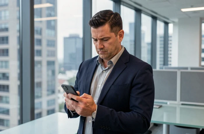 Homme d'affaires consultant une application de trading boursier sur smartphone dans un bureau moderne en ville