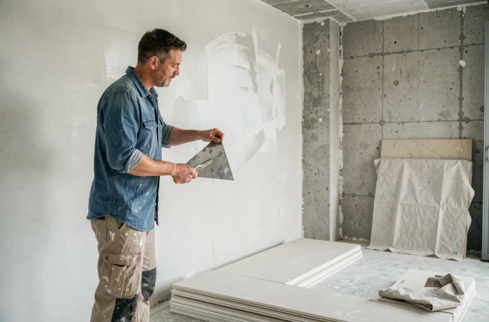 Homme appliquant du plâtre blanc sur un mur intérieur lors de travaux de rénovation dans une pièce en chantier