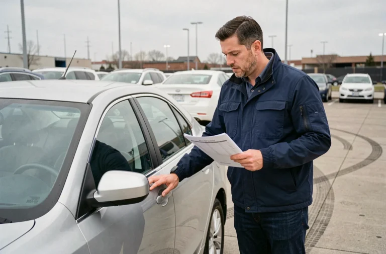 Homme inspectant une voiture d'occasion dans un parking, tenant un rapport d'historique du véhicule lors d'un achat de voiture d'occasion