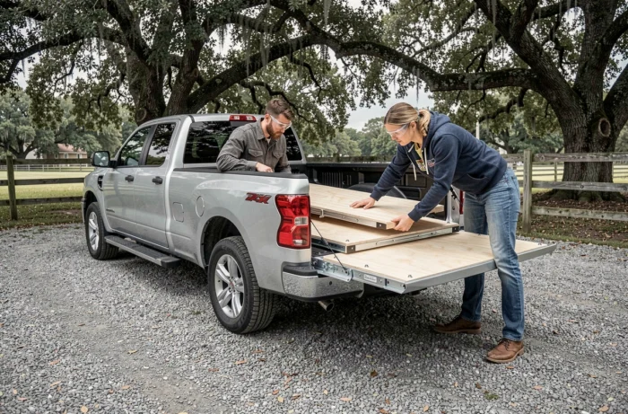 Installation d'un plateau coulissant fait maison dans le plateau d'un pick-up sur une allée gravillonnée