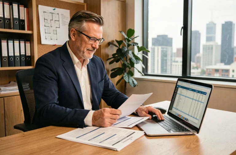 Investisseur immobilier analysant les documents d'amortissement d'une place de parking dans son bureau professionnel