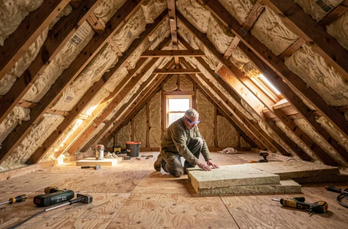 Rénovation thermique d'un grenier avec pose de laine minérale entre les chevrons pour améliorer l'efficacité énergétique du bâtiment