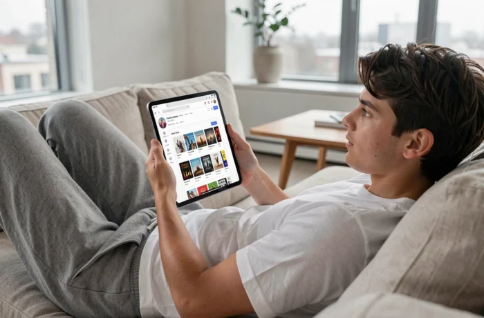 Jeune adulte téléchargeant des ebooks gratuits légalement sur une tablette numérique dans un salon moderne