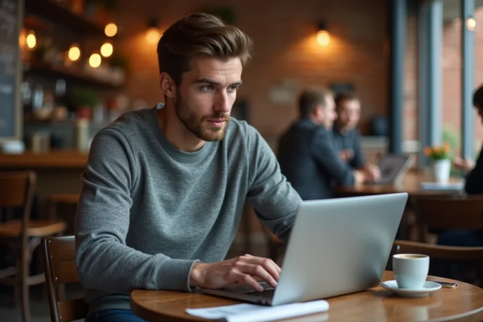 Jeune entrepreneur lisant les dernières actualités business sur laptop dans un café urbain