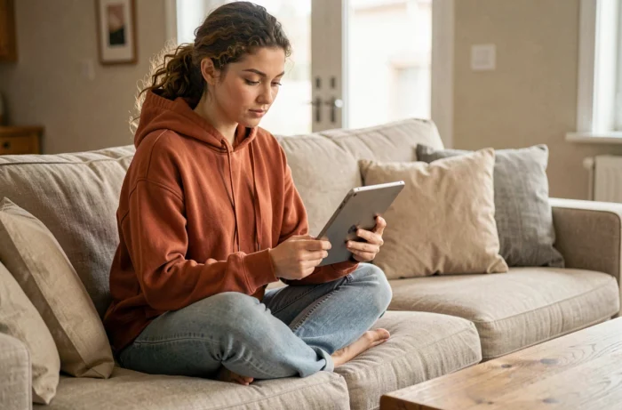 Jeune femme utilisant une tablette pour naviguer sur un site web depuis son salon confortable