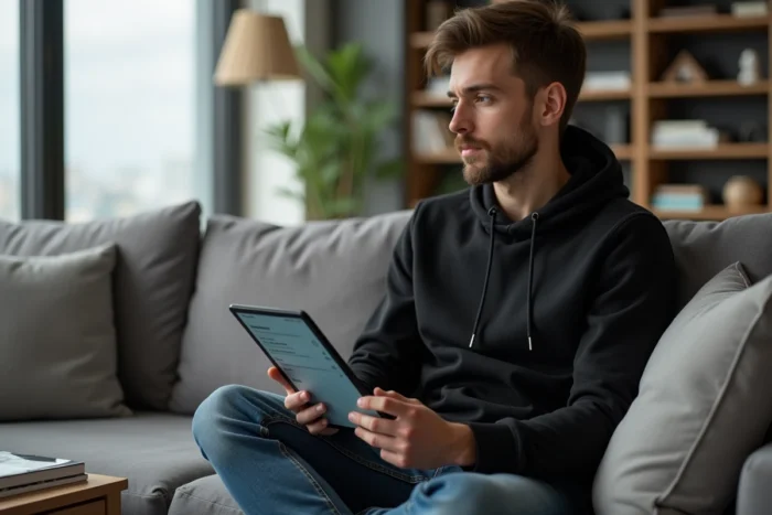 Jeune homme consultant un annuaire de téléchargement sur tablette dans son salon moderne