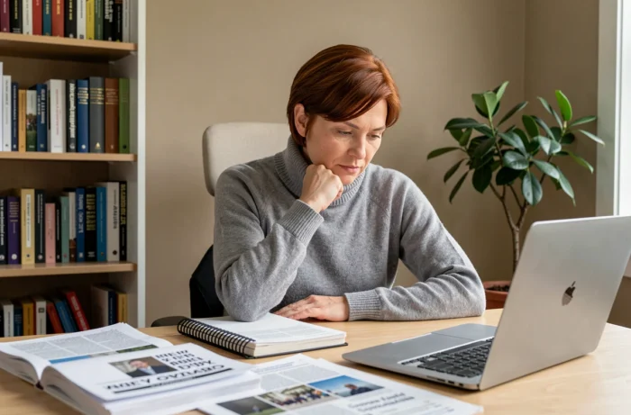 Journaliste rousse concentrée à son bureau analysant des articles de presse sur le conflit au Moyen-Orient, symbolisant la recherche de vérité dans les positions des célébrités