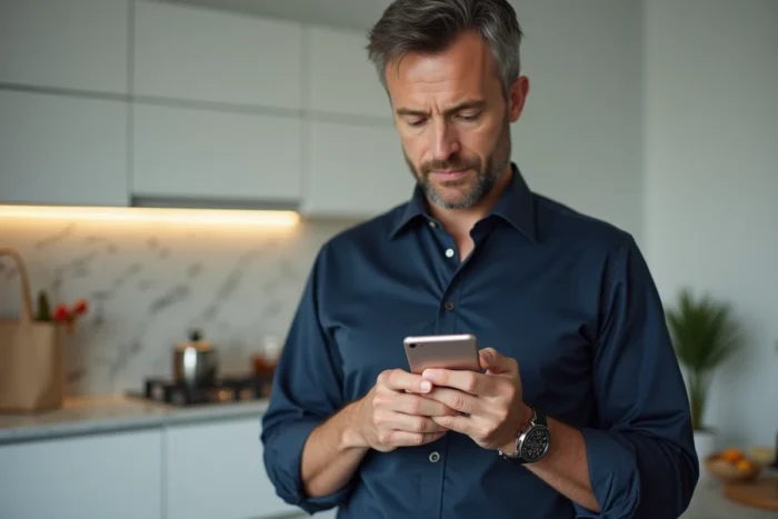 Homme lisant une facture Carrefour sur smartphone dans une cuisine moderne après ses courses