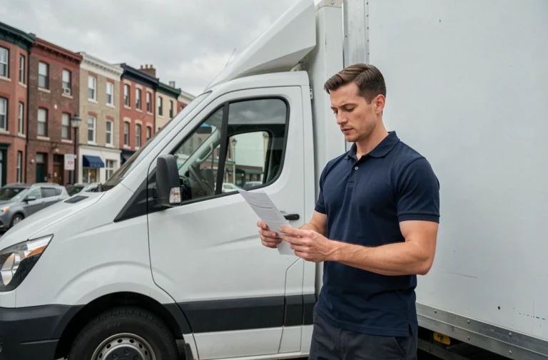Homme examinant un contrat de location de camionnette jumbo dans une rue urbaine