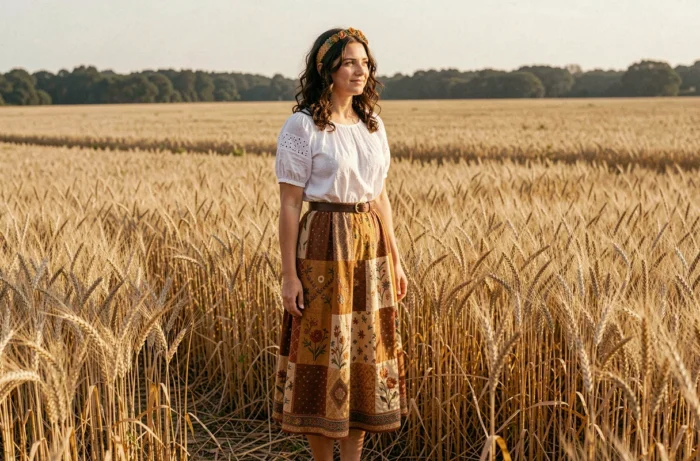 Femme en jupe patchwork brodée et blouse paysanne blanche dans un champ de blé doré avec bandeau fleuri bohème