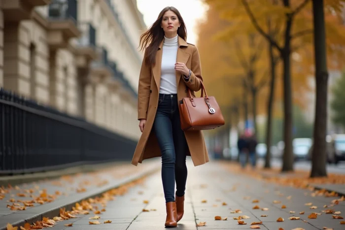 Maman modeuse portant un trench coat camel et des boots en cuir lors d'une promenade automnale dans les rues de Paris