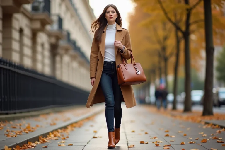 Maman modeuse portant un trench coat camel et des boots en cuir lors d'une promenade automnale dans les rues de Paris