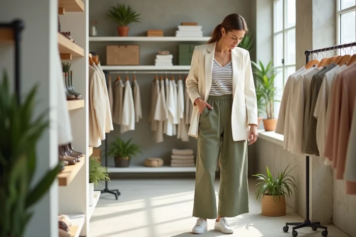 Femme tendance en blazer lin crème et pantalon large olive faisant du shopping dans une boutique minimaliste