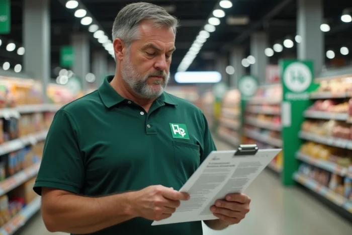 Manager Leclerc en rayon consultant les conditions du versement du 13ème mois 2024