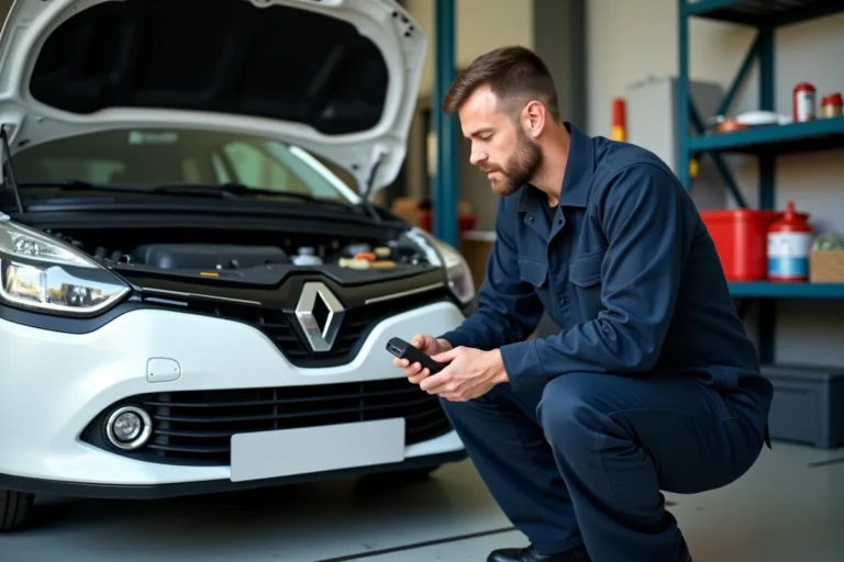 Mécanicien utilisant un scanner OBD2 pour diagnostiquer le voyant injection d'une Renault Clio 5