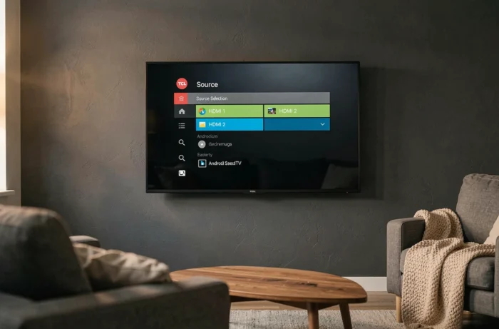 Téléviseur TCL monté au mur affichant le menu de sélection de source HDMI sur l'interface Android TV dans un salon minimaliste