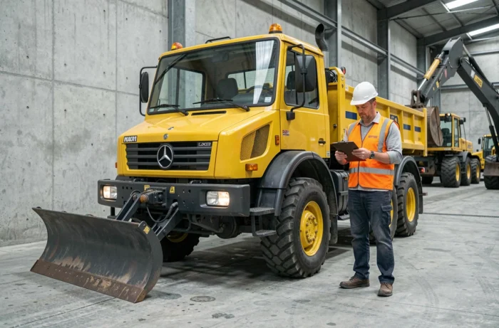 Unimog Mercedes jaune équipement municipal avec technicien en tenue de sécurité dans un dépôt urbain