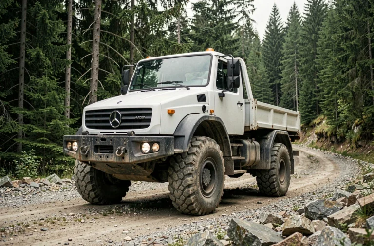 Mercedes Unimog U5023 neuf blanc garé sur une route de montagne tout-terrain en 2025
