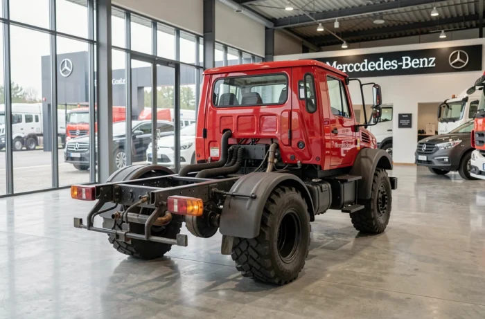 Mercedes Unimog rouge neuf exposé dans une concession Mercedes-Benz en 2025 vue trois quarts arrière