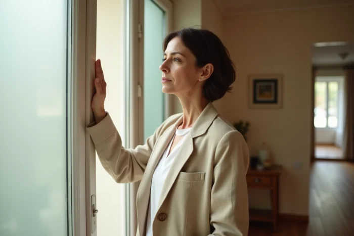 Mère debout dans un couloir de maison, tournée vers une fenêtre givrée, exprimant la retenue et la protection de la vie familiale