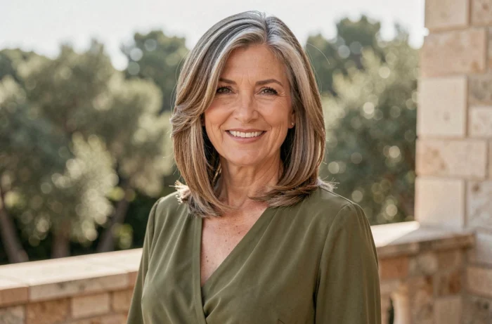 Femme de 60 ans avec un mi-long dégradé et des mèches encadrant le visage sur cheveux fins châtain-gris