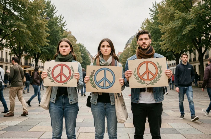 Groupe de jeunes militants tenant des pancartes avec des symboles de paix dans une place publique urbaine, évoquant les débats autour du conflit israélo-palestinien