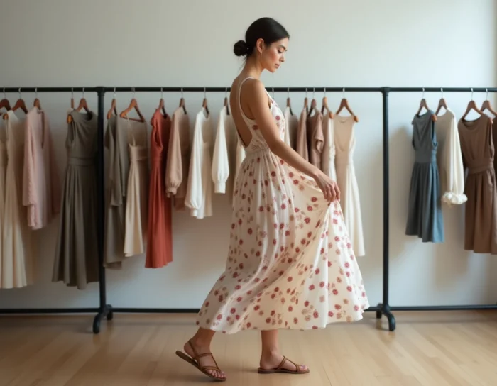 Femme en robe midi fleurie feuilletant des vêtements dans une boutique de mode minimaliste, inspiration mode actuelle