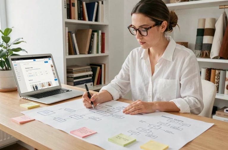Femme organisatrice travaillant sur un plan de site de mode en ligne avec des wireframes imprimés sur un bureau en bois