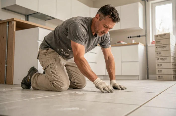 Ouvrier posant du carrelage dans une cuisine moderne en cours de rénovation