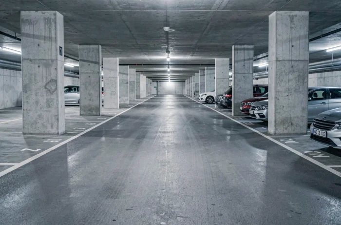 Vue en perspective d'un parking souterrain moderne avec des places numérotées, illustrant un investissement immobilier locatif