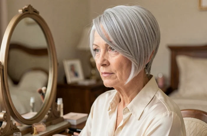 Femme de 60 ans avec un pixie et une frange longue effilée sur cheveux fins gris argenté