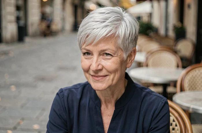 Femme de 60 ans arborant un pixie texturé sur cheveux fins argentés, assise en terrasse de café