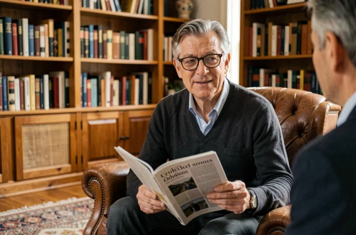 Homme aux lunettes sombres assis dans un salon chaleureux entouré de livres, regard complice vers un proche, symbole d'une vie intime et amoureuse équilibrée