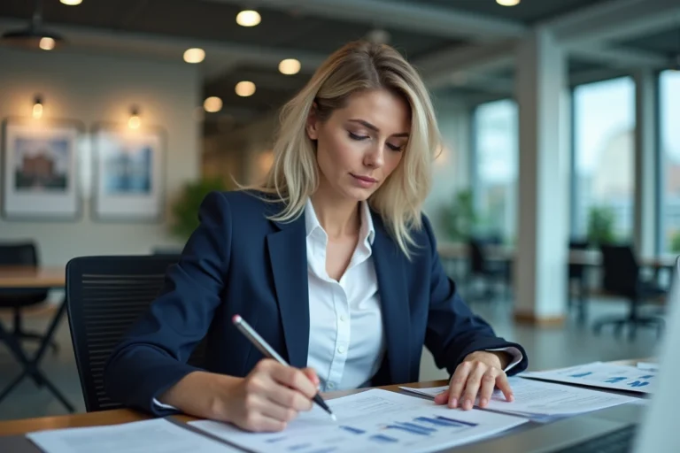 Professionnelle de l'immobilier consultant des documents liés à la formation loi Alur dans une agence moderne