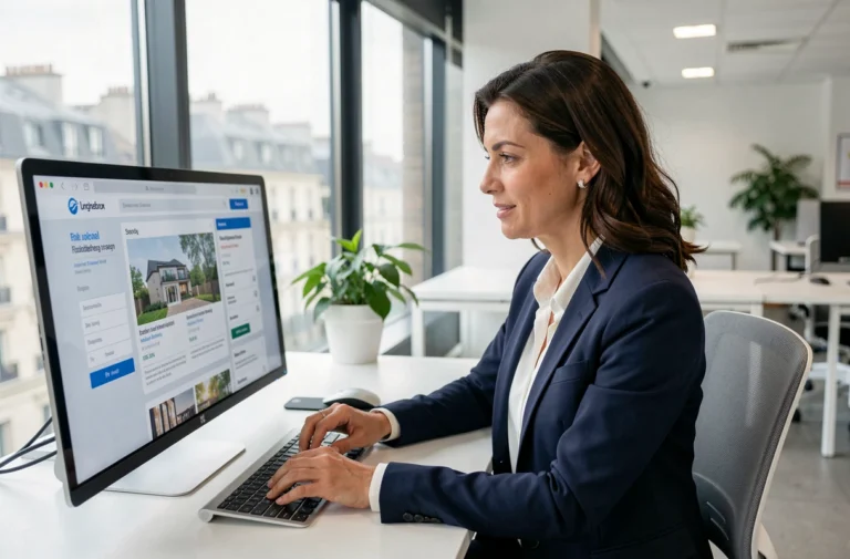 Professionnelle de l'immobilier consultant une plateforme numérique innovante sur un écran tactile dans un bureau moderne à Paris