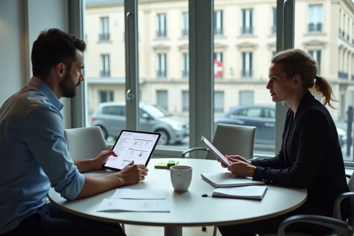 Deux professionnels français en réunion consultant des services en ligne pour entreprises sur tablettes numériques