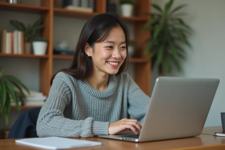 Femme en train de rédiger un avis client sur son ordinateur portable dans un bureau à domicile