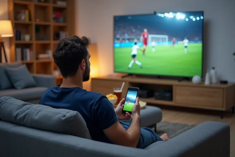 Homme regardant un match de sport en direct sur sa télévision via une application de streaming gratuite sur smartphone