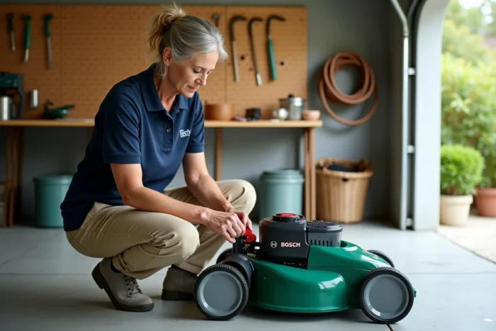 Femme réglant la hauteur de coupe de la tondeuse Bosch AdvancedRotak 770 dans un garage domestique
