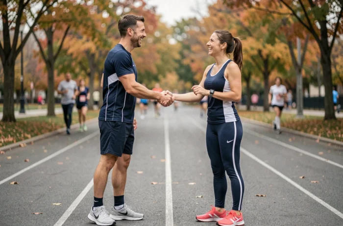 Deux sportifs se rencontrant pour la première fois sur une piste de course urbaine après s'être connectés en ligne