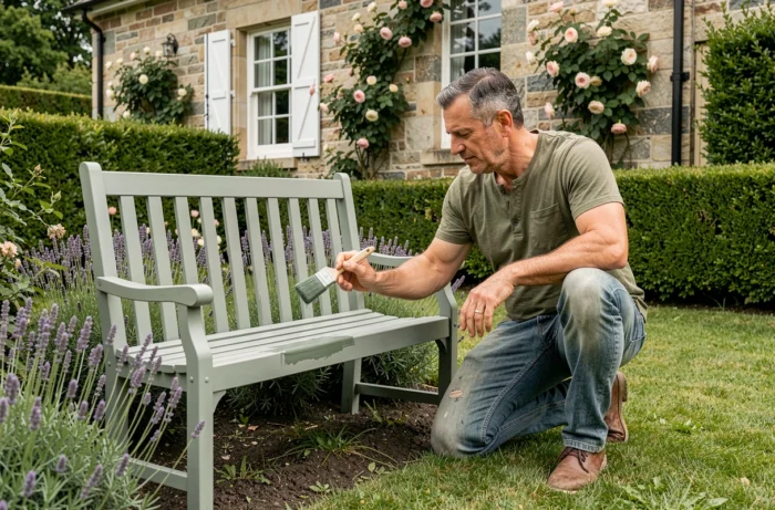 Homme peignant un banc de jardin en bois entouré de lavande dans un jardin soigné
