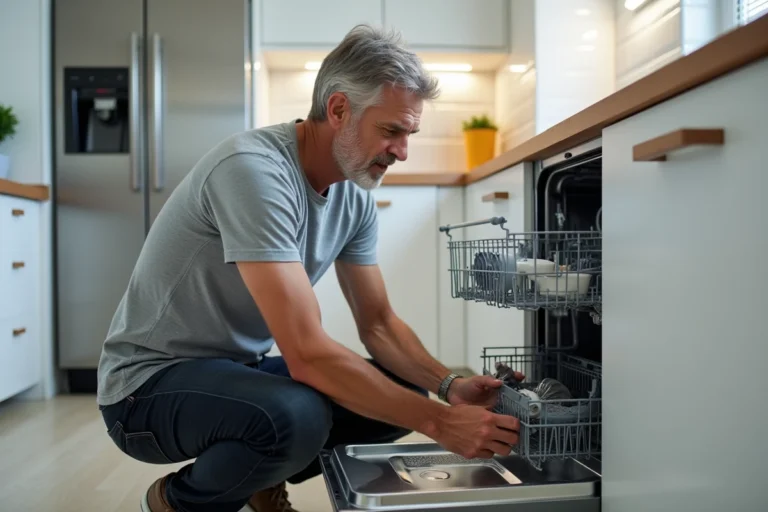 Homme inspectant le filtre d'un lave-vaisselle Bosch pour diagnostiquer le code erreur E15
