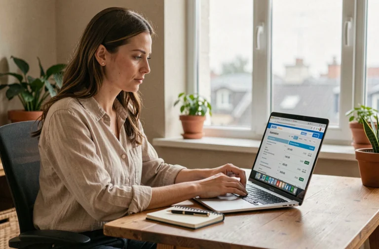 Femme consultant un site de réservation de vols long-courriers sur un ordinateur portable avec calendrier de dates flexibles