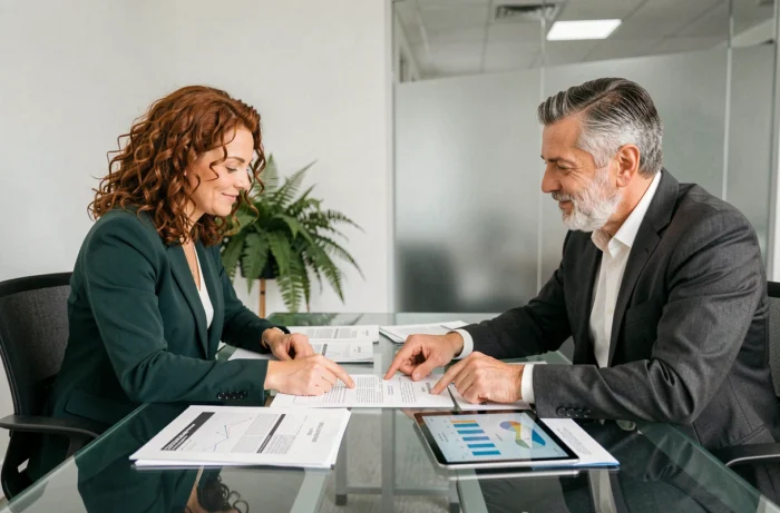 Deux professionnels discutant d'un portefeuille d'investissements boursiers autour d'une table de réunion
